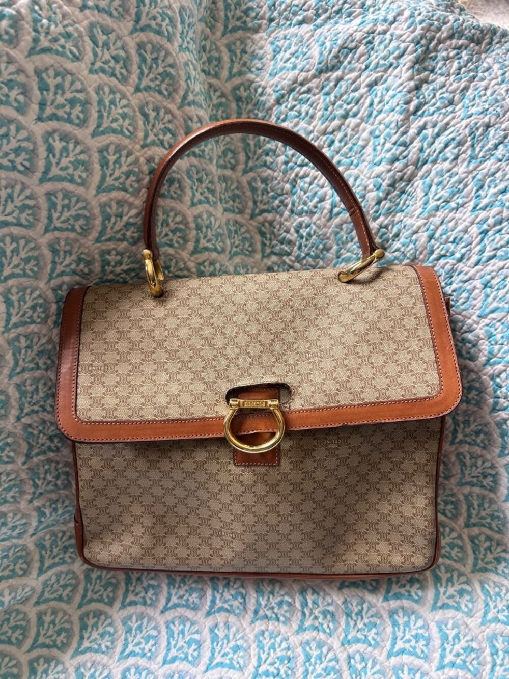 Vintage Celine Paris Macadam Top Handle Satchel Beige Brown Leather Horsebit Bag